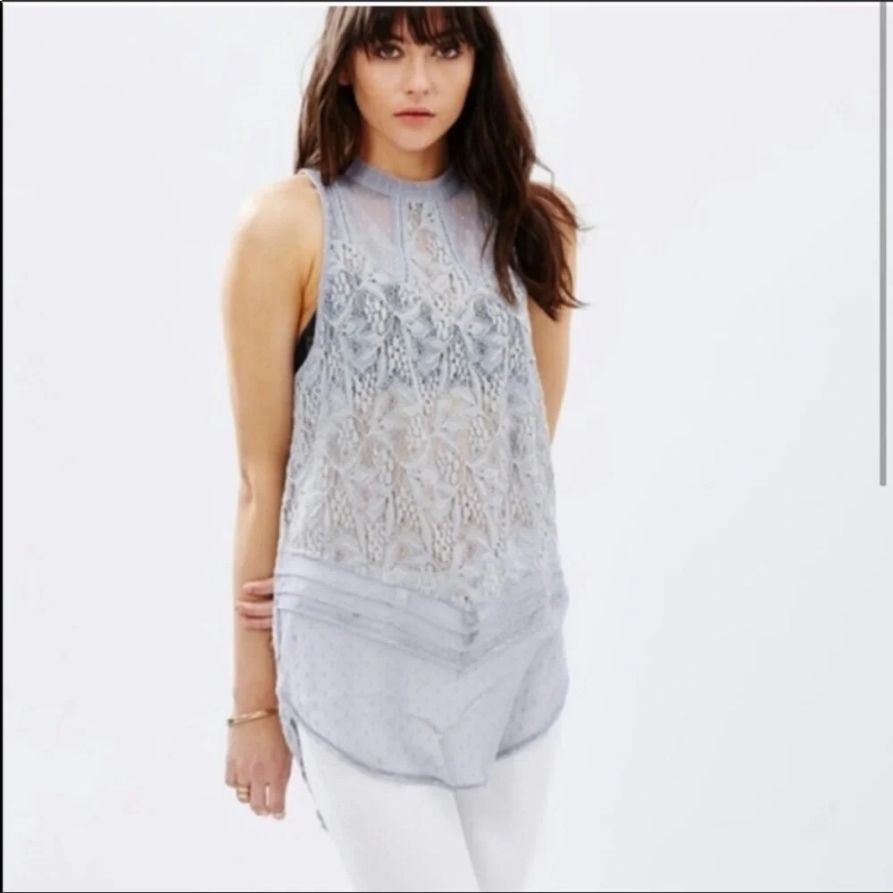 Free People Maisie Modern Mesh Lace Tunic Tank Top Gray Size S